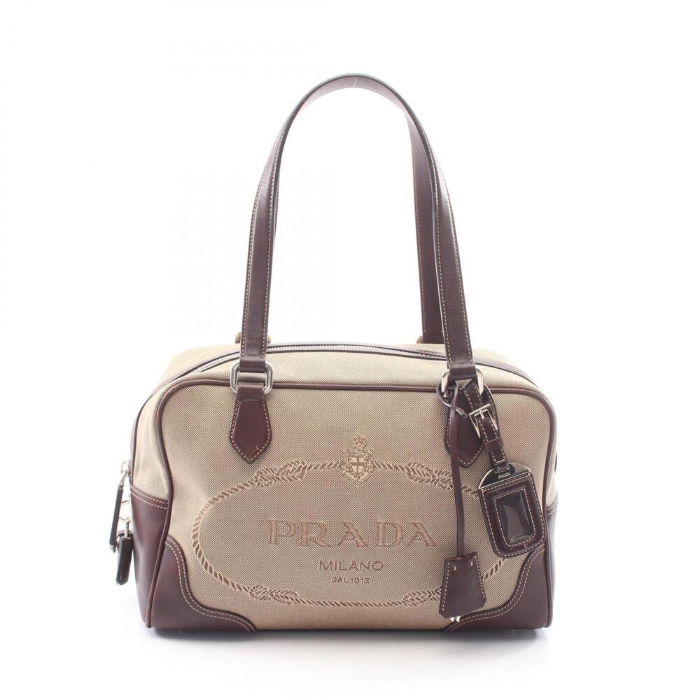 Prada LOGO JACQUARD handbag, canvas and leather, women's, beige/brown.